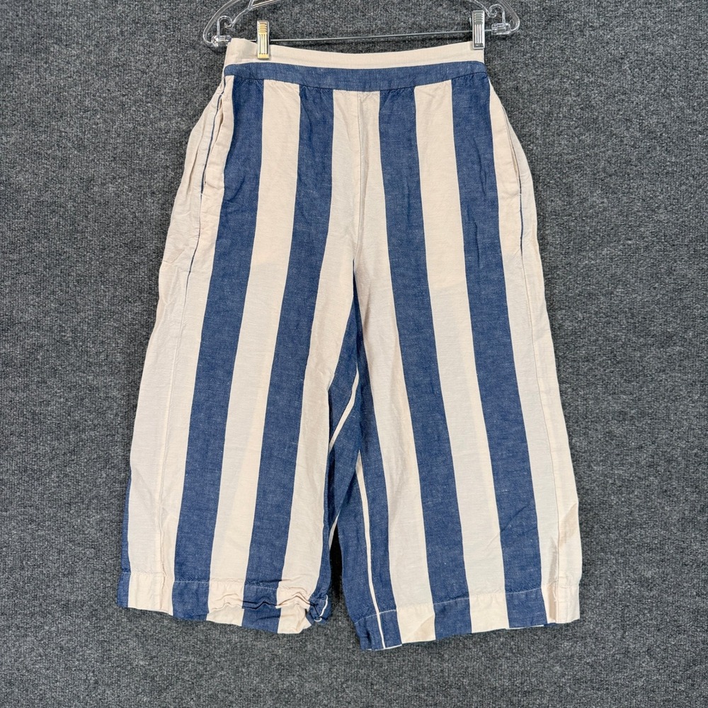 Madewell Pants Women Small Blue White Striped Wide Leg Cropped Linen Casual